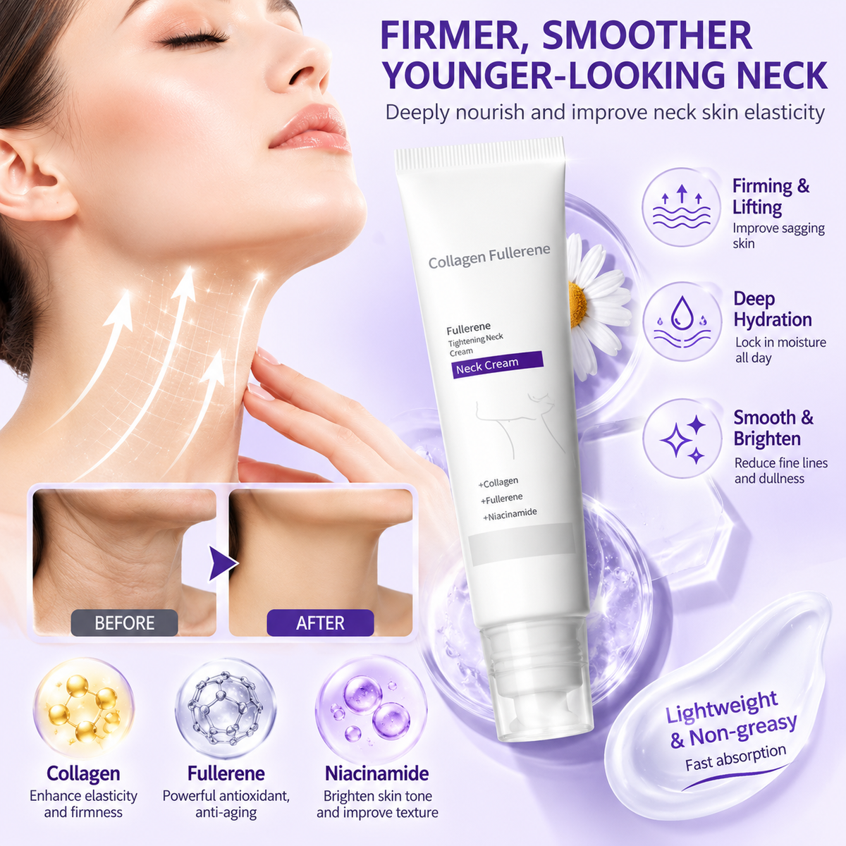 Roller Massage Neck Cream 🧴 Collagen & Hyaluronic Acid | Firms Neck, Reduces Wrinkles & Double Chin✨